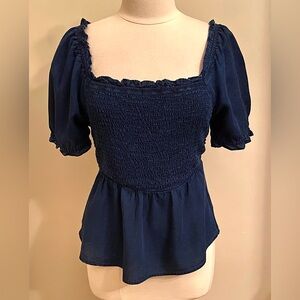 2/$30 Old Navy Dark Wash Chambray Smocked Square Neck Short Puff Sleeves Top S